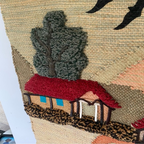 Vintage Handmade Rustic Boho Charming Village Scene Tapestry with Fringe - Picture 9 of 15